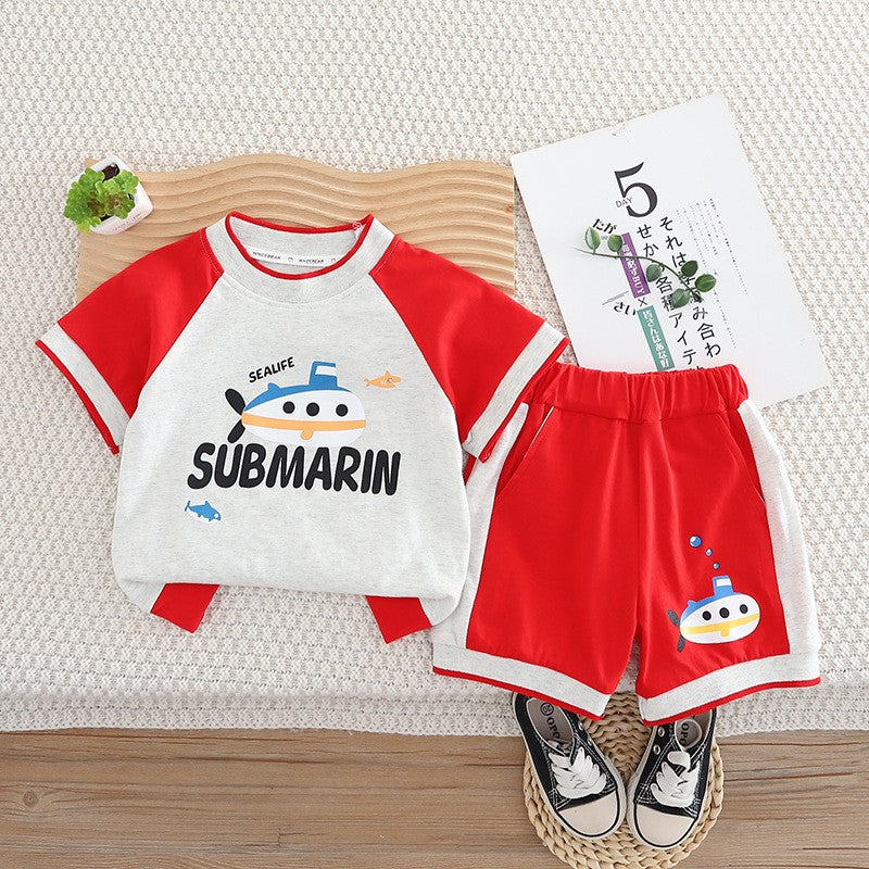 Kids Red & White T-Shirt & Shorts Set | Cute Submarine Print Outfit for Boys