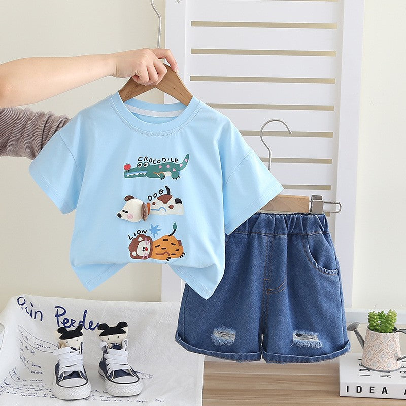 Kids Light Blue T-Shirt & Dark Blue Denim Shorts Set | Cute Animal Print Outfit for Boys