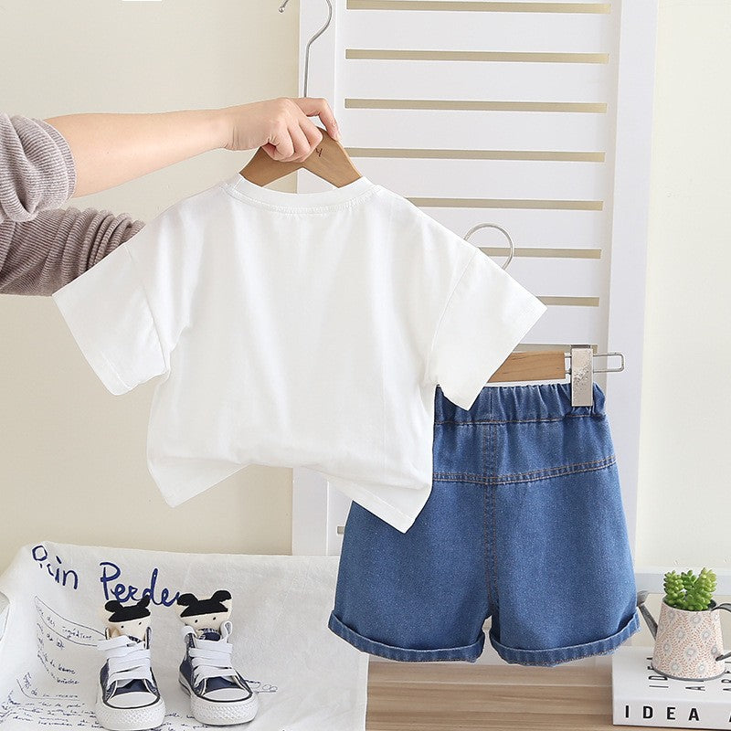 Kids Animal Graphic T-Shirt & Denim Shorts Set – Cute Casual 2-Piece Summer Outfit