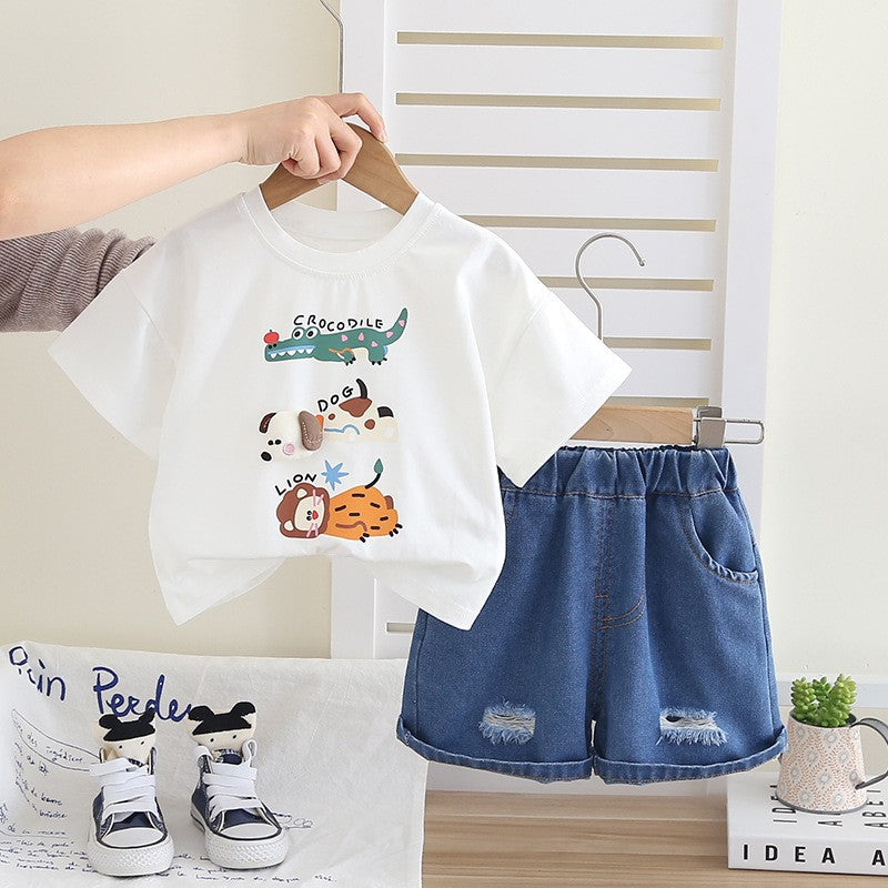 Kids Animal Graphic T-Shirt & Denim Shorts Set – Cute Casual 2-Piece Summer Outfit
