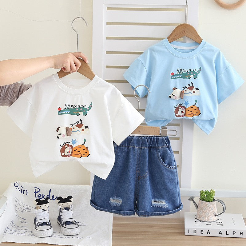 Kids Animal Graphic T-Shirt & Denim Shorts Set – Cute Casual 2-Piece Summer Outfit