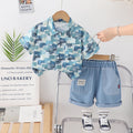 Kids Blue Printed Shirt & Light Blue Shorts Set | Cute Geometric Pattern Outfit for Boys