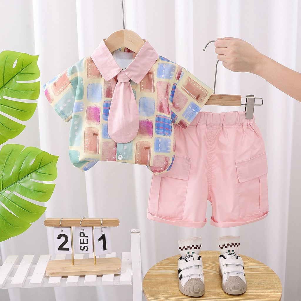 Girls Pastel Print Shirt & Pink Cargo Shorts Set – Cute Casual 2-Piece Summer Outfit