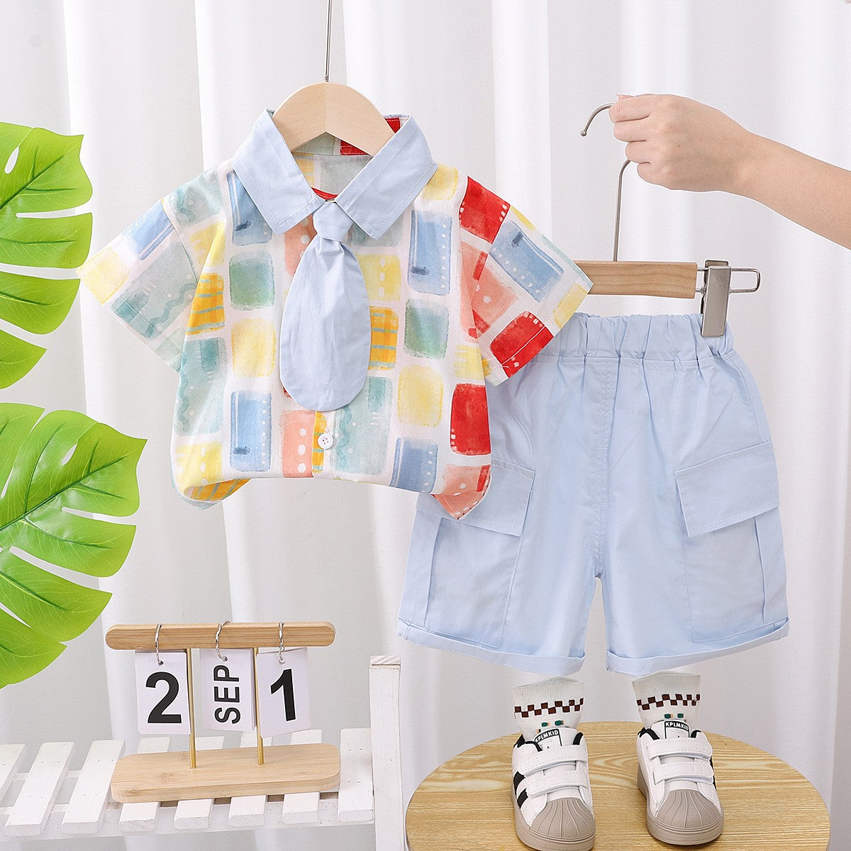 Kids White & Light Blue Shirt & Shorts Set | Colorful Geometric Print Outfit for Boys
