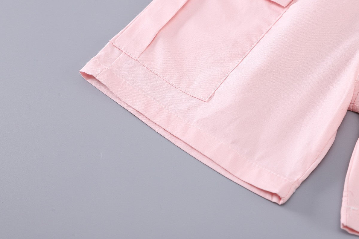 Girls Pastel Print Shirt & Pink Cargo Shorts Set – Cute Casual 2-Piece Summer Outfit