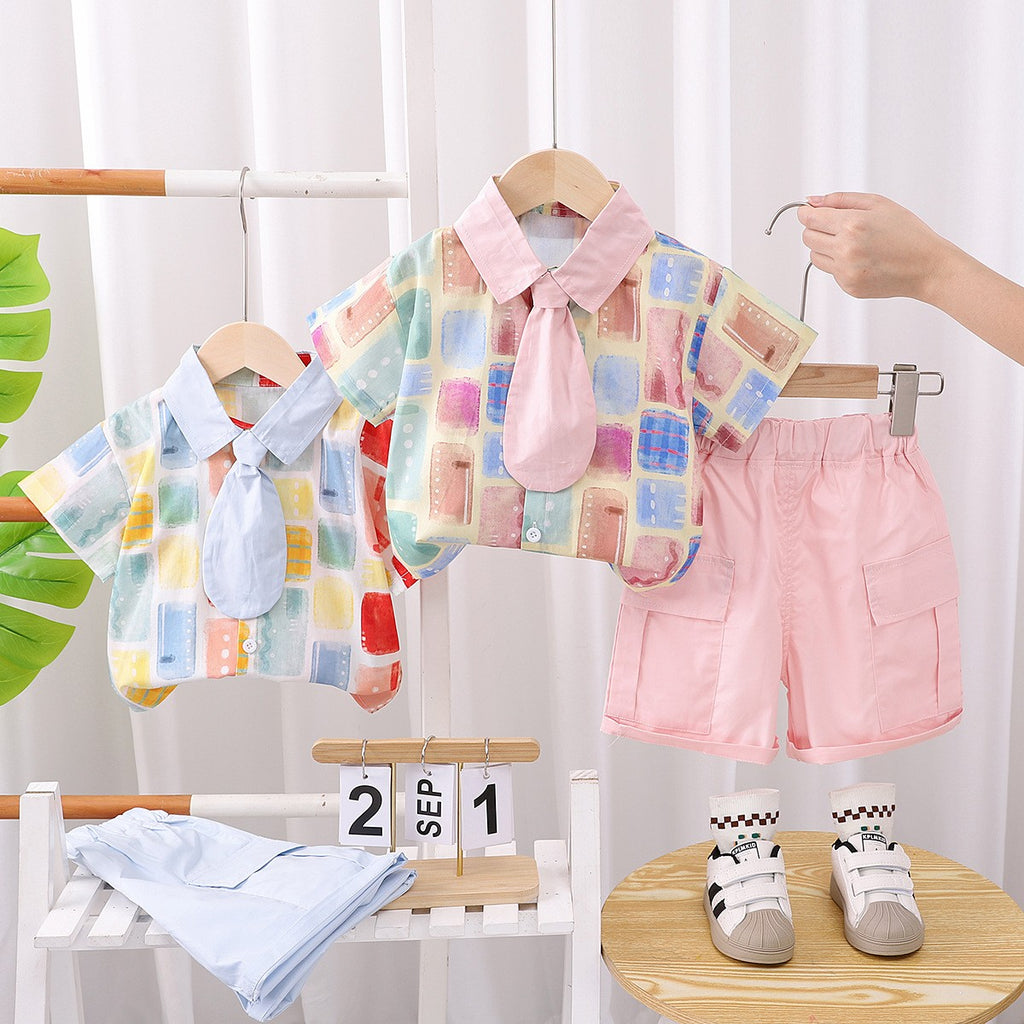 Girls Pastel Print Shirt & Pink Cargo Shorts Set – Cute Casual 2-Piece Summer Outfit