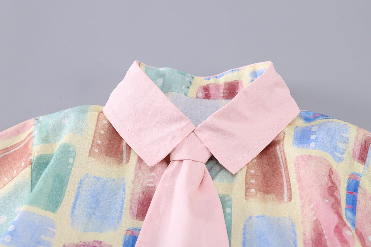 Girls Pastel Print Shirt & Pink Cargo Shorts Set – Cute Casual 2-Piece Summer Outfit