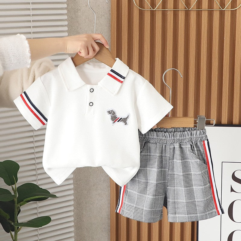 Boys Puppy Polo Shirt & Plaid Shorts Set – Cute Casual 2-Piece Summer Outfit