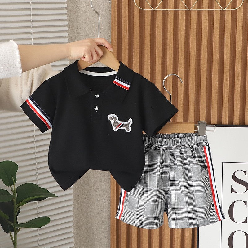 Kids Black Polo T-Shirt & Plaid Shorts Set | Cute Dog Patch Outfit for Boys
