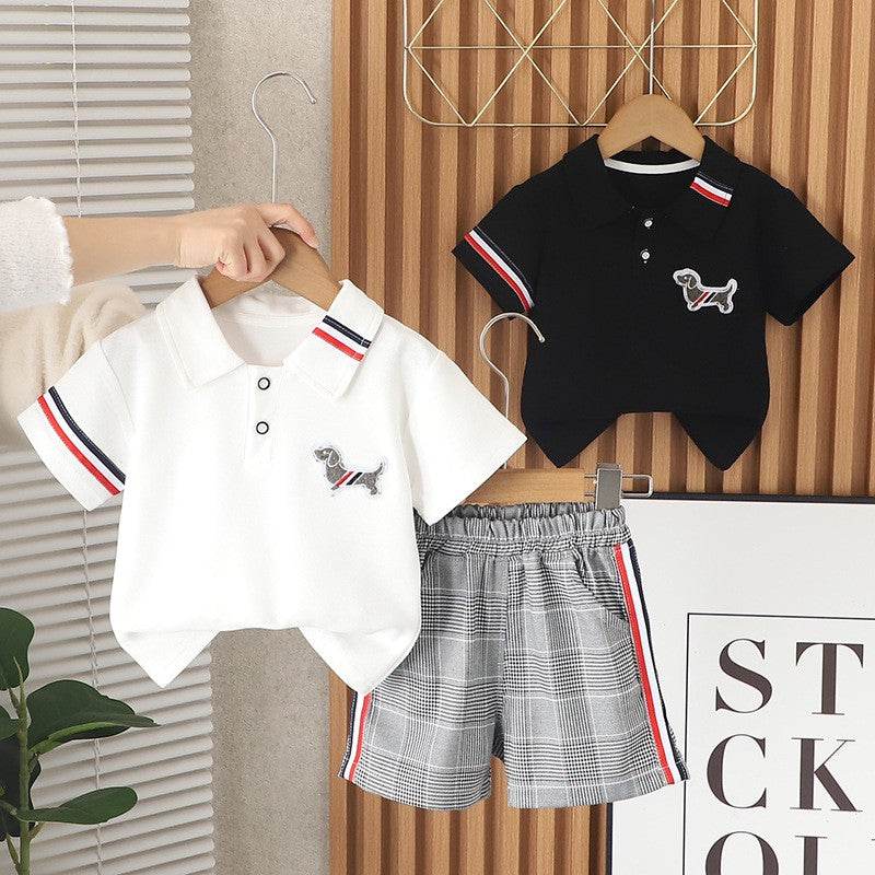 Boys Puppy Polo Shirt & Plaid Shorts Set – Cute Casual 2-Piece Summer Outfit