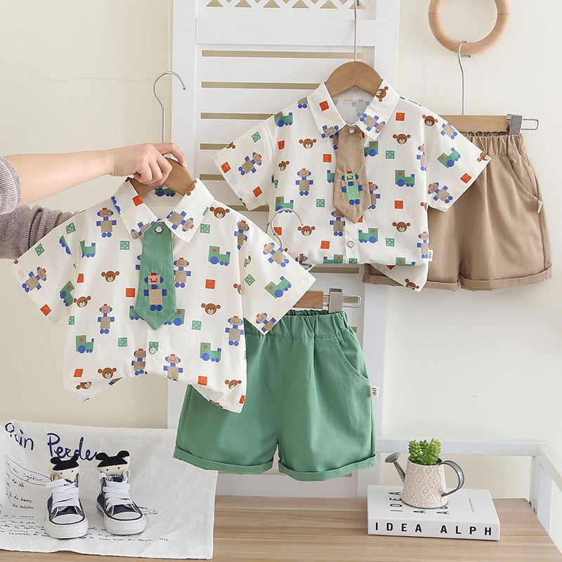 Boys Robot Print Shirt & Green Shorts Set – Cute Casual 2-Piece Summer Outfit