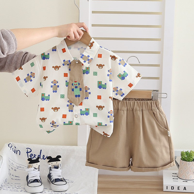 Kids White Shirt & Khaki Shorts Set | Cute Robot & Train Print Outfit for Boys