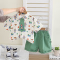 Boys Robot Print Shirt & Green Shorts Set – Cute Casual 2-Piece Summer Outfit