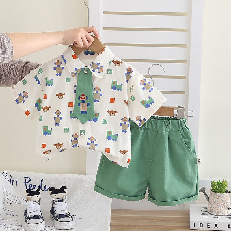 Boys Robot Print Shirt & Green Shorts Set – Cute Casual 2-Piece Summer Outfit
