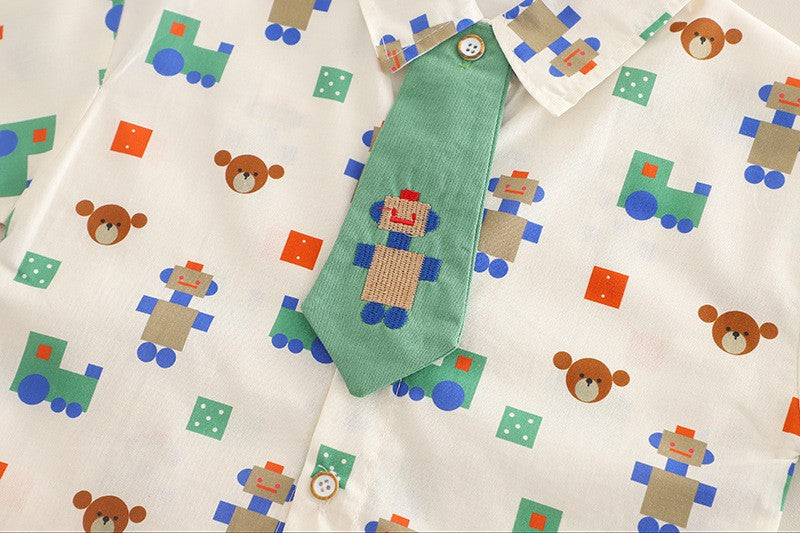 Boys Robot Print Shirt & Green Shorts Set – Cute Casual 2-Piece Summer Outfit