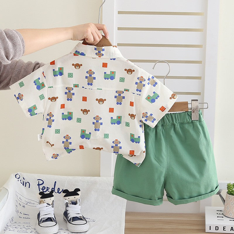 Boys Robot Print Shirt & Green Shorts Set – Cute Casual 2-Piece Summer Outfit
