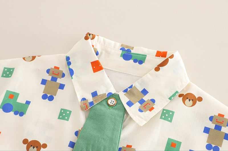 Boys Robot Print Shirt & Green Shorts Set – Cute Casual 2-Piece Summer Outfit