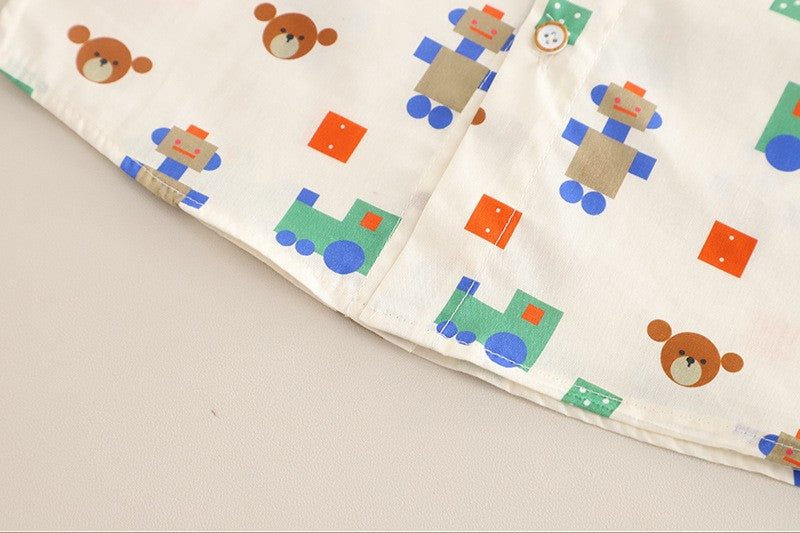 Boys Robot Print Shirt & Green Shorts Set – Cute Casual 2-Piece Summer Outfit