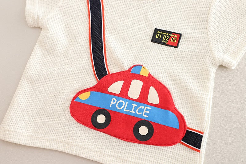 Boys Police Car Graphic T-Shirt & Denim Shorts Set – Cute Casual 2-Piece Summer Outfit