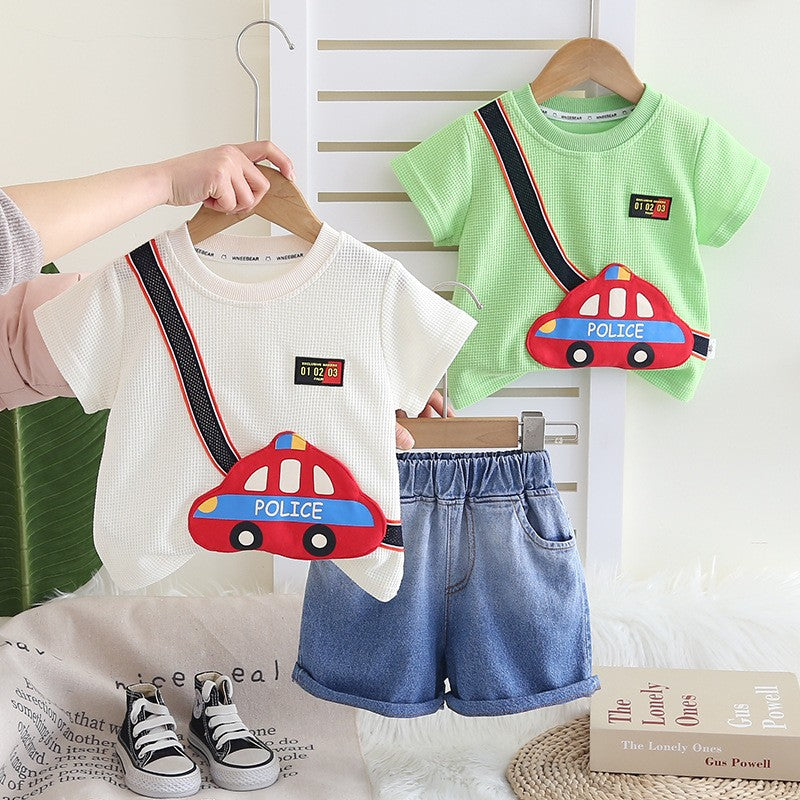 Boys Police Car Graphic T-Shirt & Denim Shorts Set – Cute Casual 2-Piece Summer Outfit
