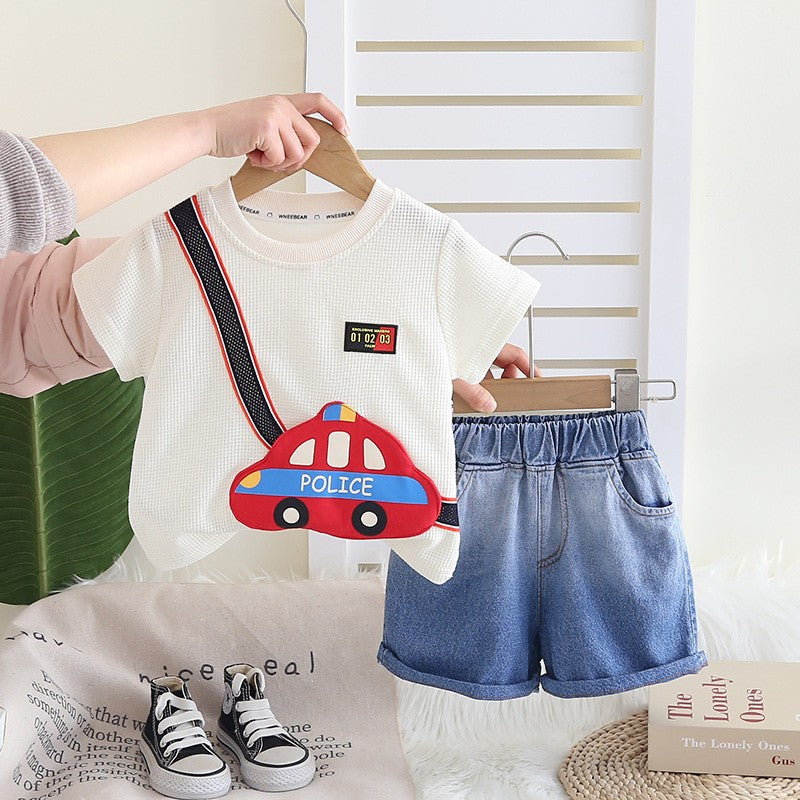 Boys Police Car Graphic T-Shirt & Denim Shorts Set – Cute Casual 2-Piece Summer Outfit