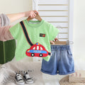 Kids Green T-Shirt & Light Blue Denim Shorts Set | Cute Police Car Print Outfit for Boys