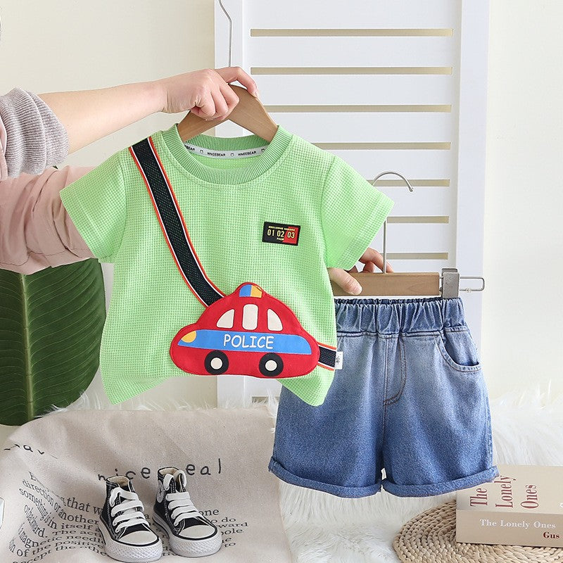 Kids Green T-Shirt & Light Blue Denim Shorts Set | Cute Police Car Print Outfit for Boys