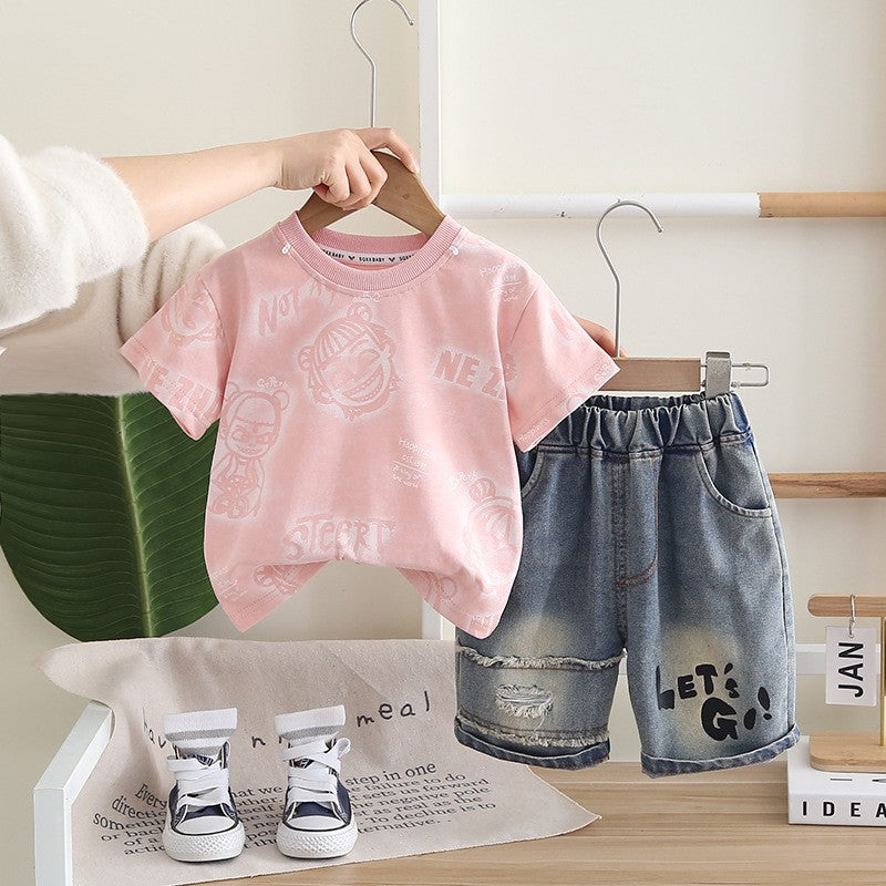 Kids Pink Graphic T-Shirt & Blue Denim Shorts Set | Cute Printed Outfit for Boys & Girls