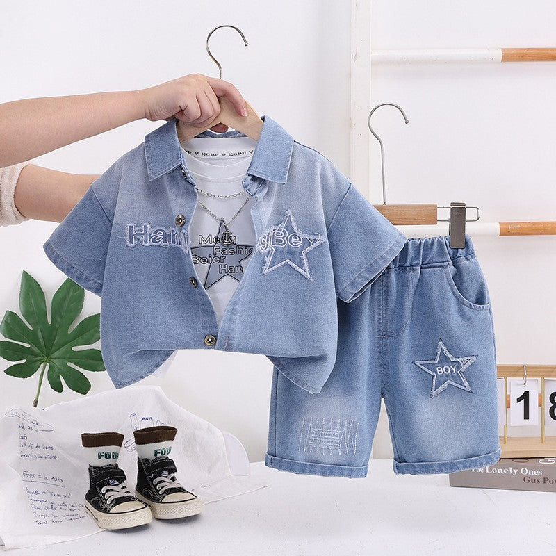 Kids Blue Denim Shirt & Shorts Set | Stylish Star Print Outfit for Boys