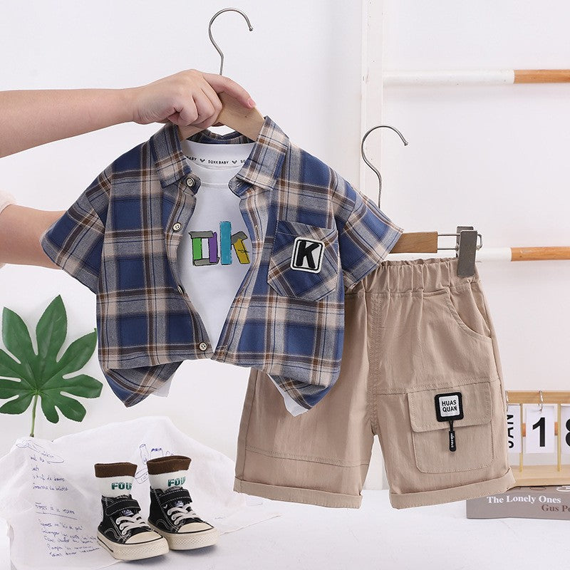 Boys Plaid Shirt & Cargo Shorts Set – Stylish Casual 2-Piece Summer Outfit
