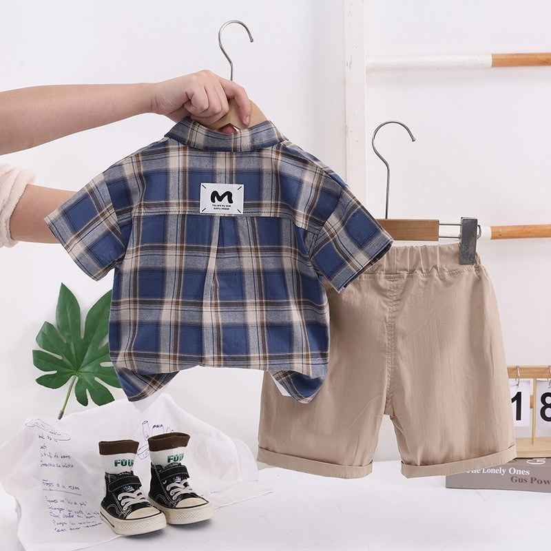 Boys Plaid Shirt & Cargo Shorts Set – Stylish Casual 2-Piece Summer Outfit