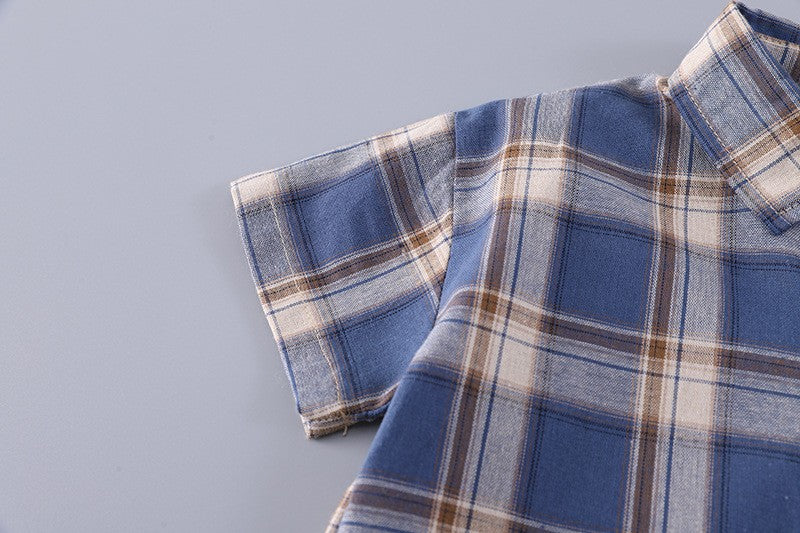 Boys Plaid Shirt & Cargo Shorts Set – Stylish Casual 2-Piece Summer Outfit