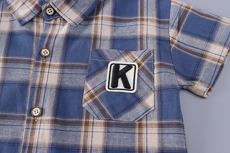 Boys Plaid Shirt & Cargo Shorts Set – Stylish Casual 2-Piece Summer Outfit