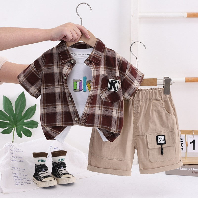 Kids Brown Plaid Shirt & Beige Shorts Set | Stylish Casual Outfit for Boys