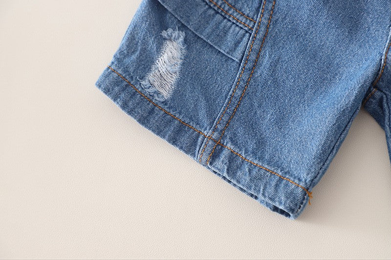Boys Plaid Collar T-Shirt & Denim Shorts Set – Cute Casual Summer Outfit