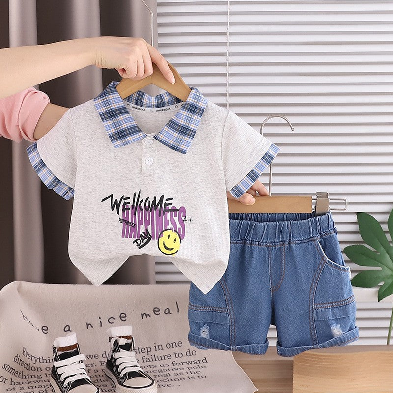 Boys Plaid Collar T-Shirt & Denim Shorts Set – Cute Casual Summer Outfit