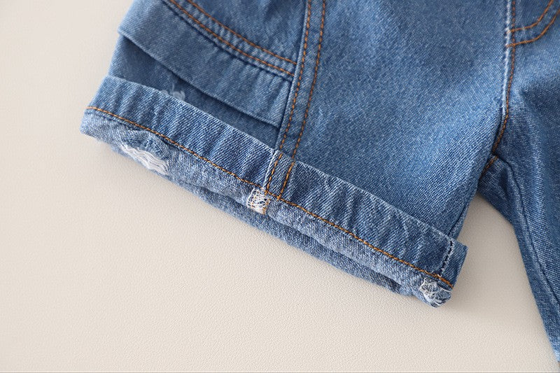 Boys Plaid Collar T-Shirt & Denim Shorts Set – Cute Casual Summer Outfit