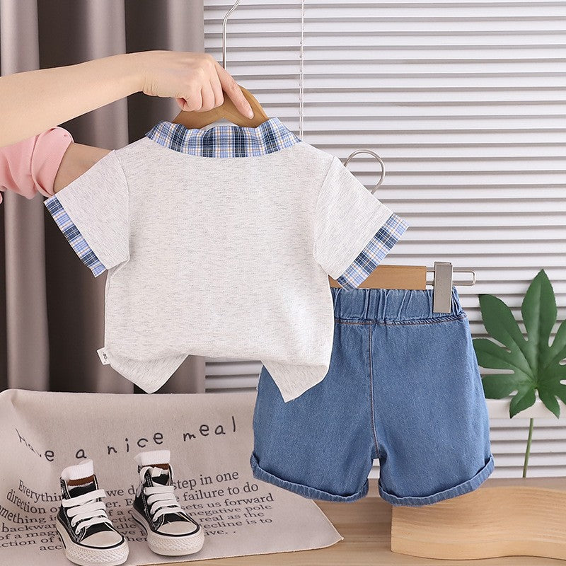 Boys Plaid Collar T-Shirt & Denim Shorts Set – Cute Casual Summer Outfit