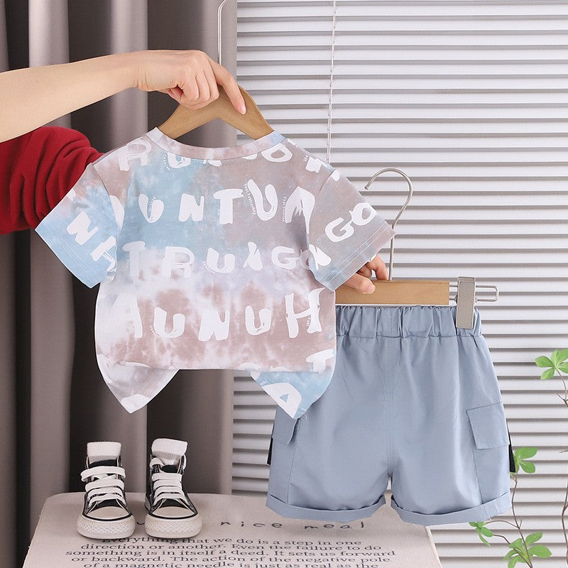 Kids Blue Printed T-Shirt & Cargo Shorts Set with Pocket Detail | Trendy Casual Summer Outfit