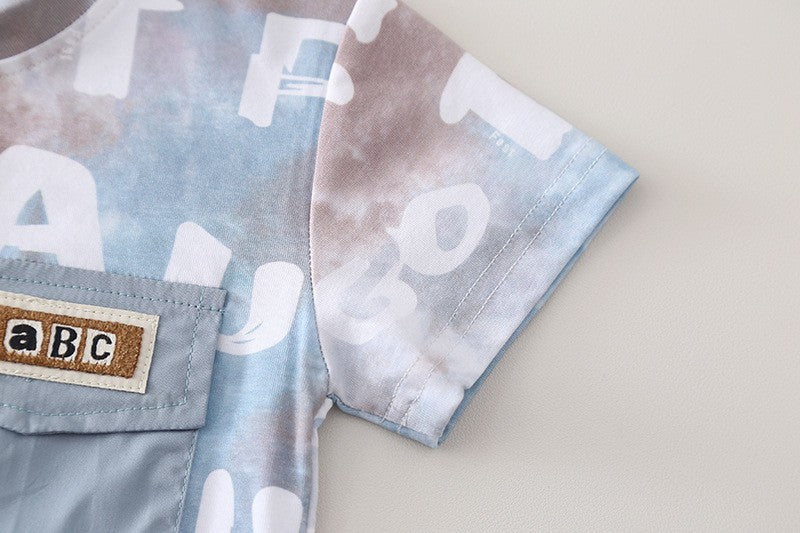 Kids Blue Printed T-Shirt & Cargo Shorts Set with Pocket Detail | Trendy Casual Summer Outfit