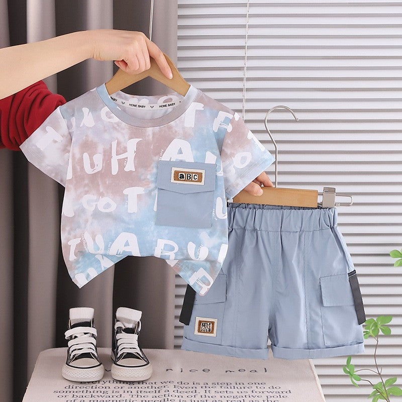 Kids Blue Printed T-Shirt & Cargo Shorts Set with Pocket Detail | Trendy Casual Summer Outfit
