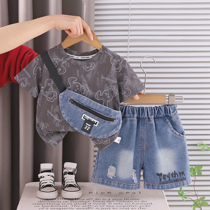 Kids Gray Printed T-Shirt & Blue Denim Shorts Set | Stylish Casual Outfit for Boys