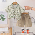 Kids Green Printed Shirt & Beige Shorts Set | Stylish Nature Print Outfit for Boys