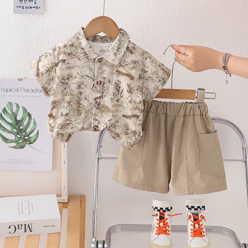 Kids Beige Printed Shirt & Cargo Shorts Set | Stylish Casual Summer Outfit