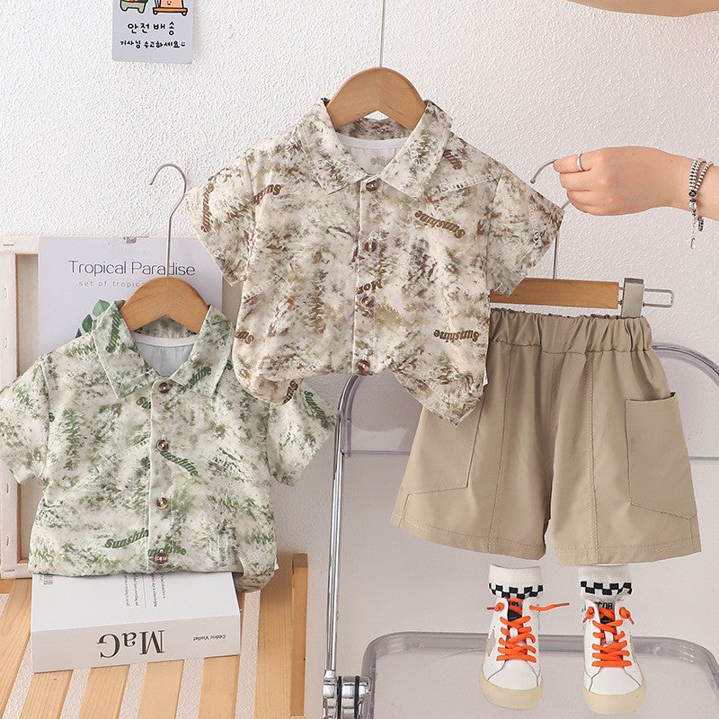 Kids Beige Printed Shirt & Cargo Shorts Set | Stylish Casual Summer Outfit