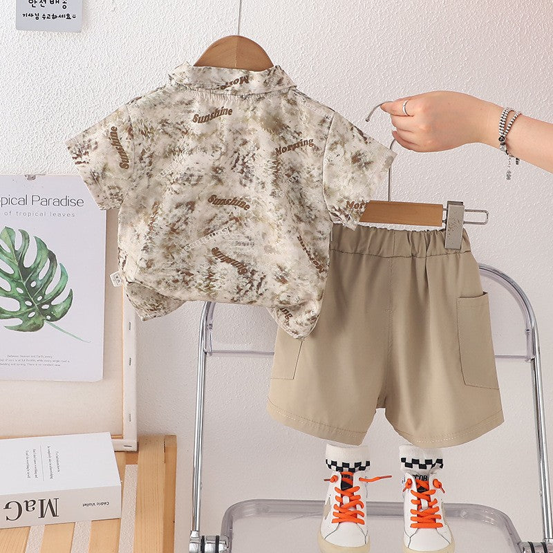 Kids Beige Printed Shirt & Cargo Shorts Set | Stylish Casual Summer Outfit