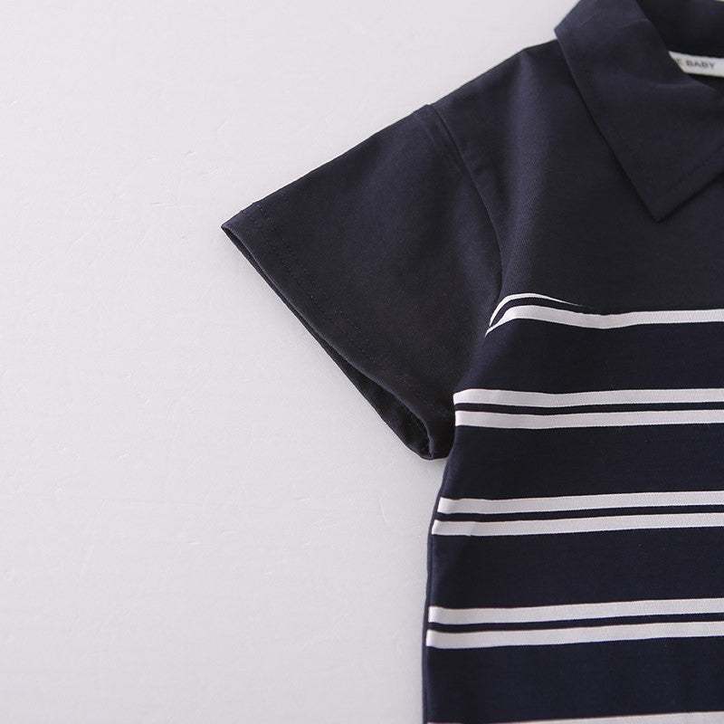 Kids Navy Blue Polo T-Shirt & Shorts Set with Striped Detail | Stylish Casual Summer Outfit