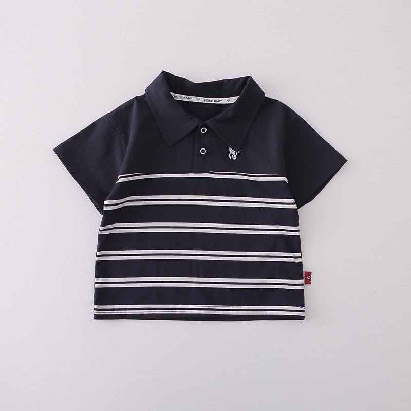Kids Navy Blue Polo T-Shirt & Shorts Set with Striped Detail | Stylish Casual Summer Outfit