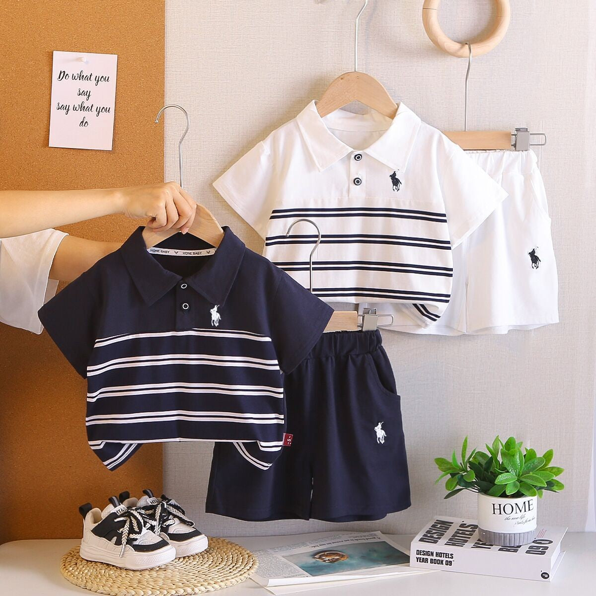 Kids Navy Blue Polo T-Shirt & Shorts Set with Striped Detail | Stylish Casual Summer Outfit