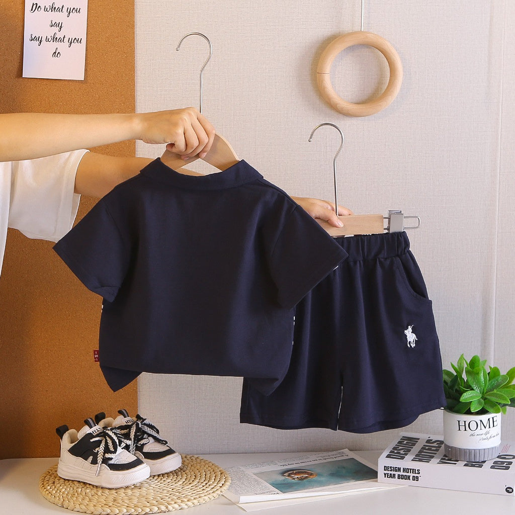Kids Navy Blue Polo T-Shirt & Shorts Set with Striped Detail | Stylish Casual Summer Outfit